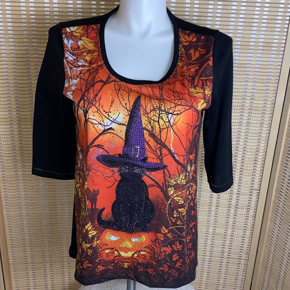 Thomas & Olivia 3/4 Sleeve Halloween Black Cat & Pumpkin Top Petite XL